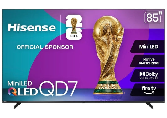Hisense 85" Class QD7 Series Mini-LED 4K UHD Smart Fire TV (85QD7QF, 2025 Model) - QLED, Native 144hz, HDR10+, Dolby Vision, Dolby Atmos, Game Mode Pro, ALLM, Alexa Built in with Voice Remote, MEMC